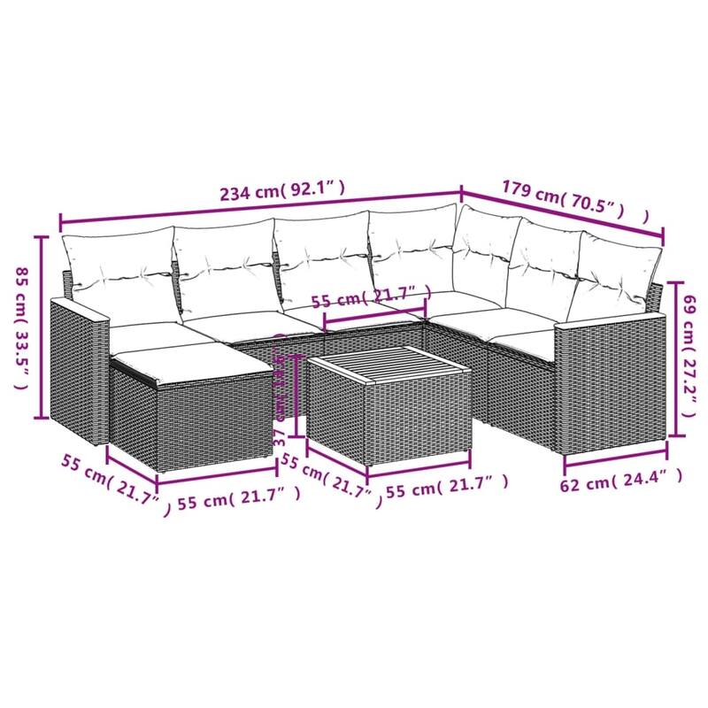 vidaXL Patio Sofa Set with Cushions Outdoor Conversation Furniture Poly Rattan - 24.4 x 24.4 x 27.2 in