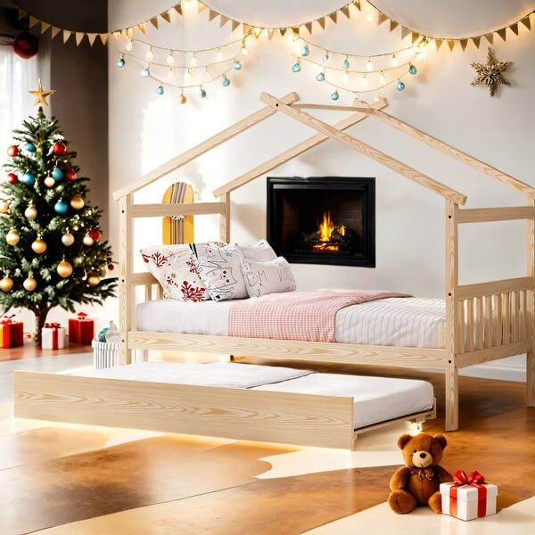 slide 2 of 13, Twin Size Wooden House Bed Platform Bed with Twin Size Trundle and Solid Construction For Home Natural