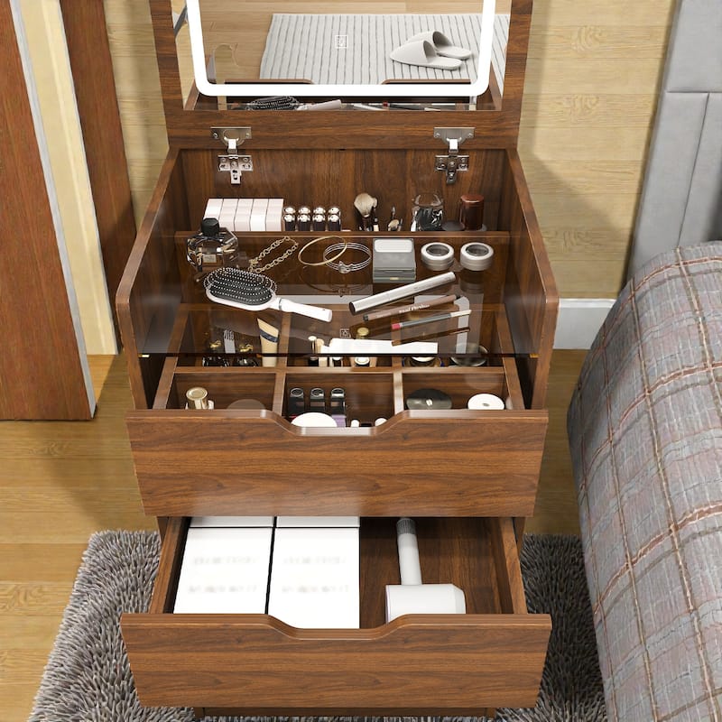 3-in-1 Vanity Desk with Lighted Mirror and Stool, Flip Top Makeup Dressing Table with Storage