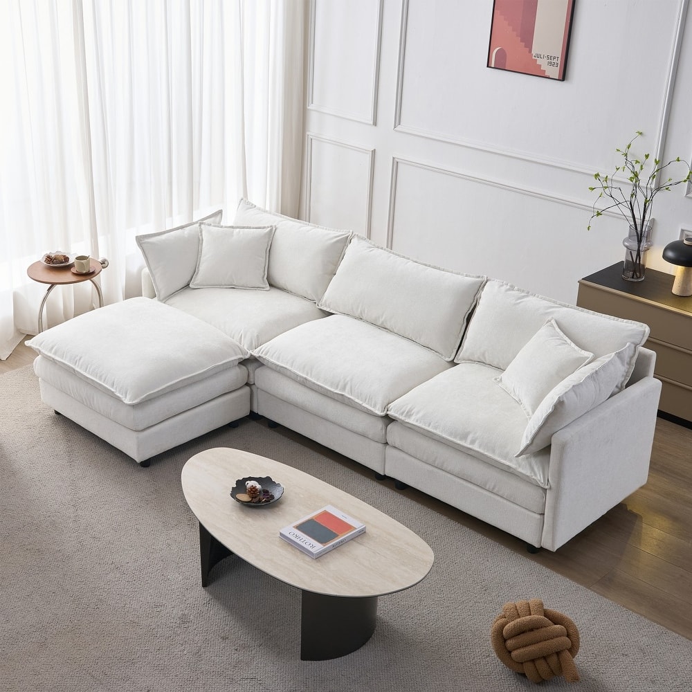 105" Modern L-Shaped Chenille Fabric Sectional Sofa with Ottoman