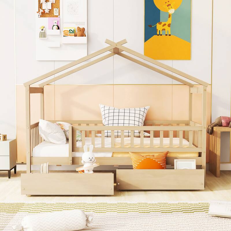 Wooden House Bed with Two Drawers