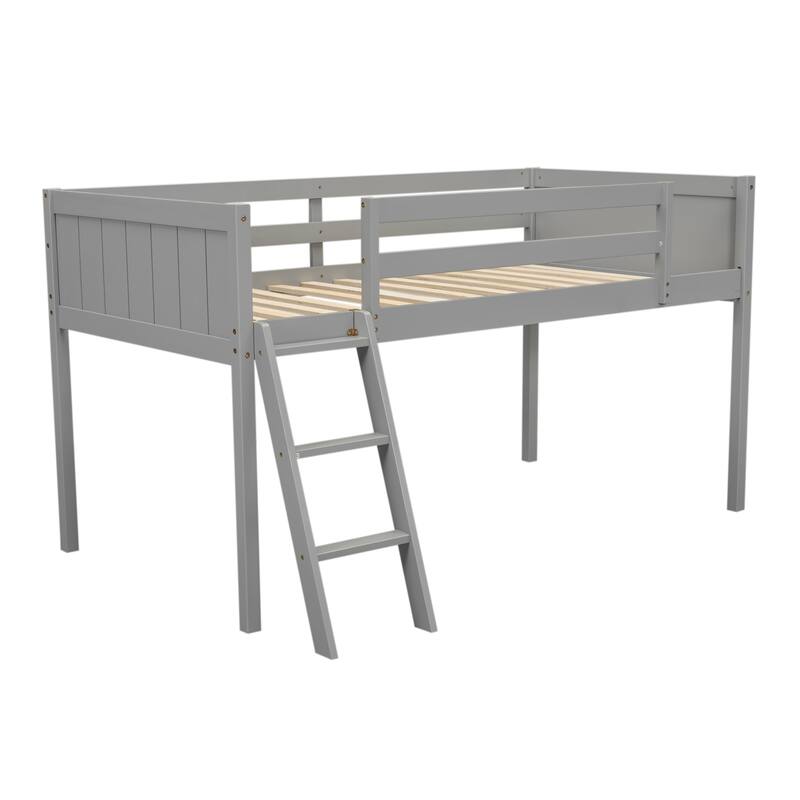 Roomfitters Twin Size Wood Low Loft Bed with Ladder, Reversible Left or Right Placement