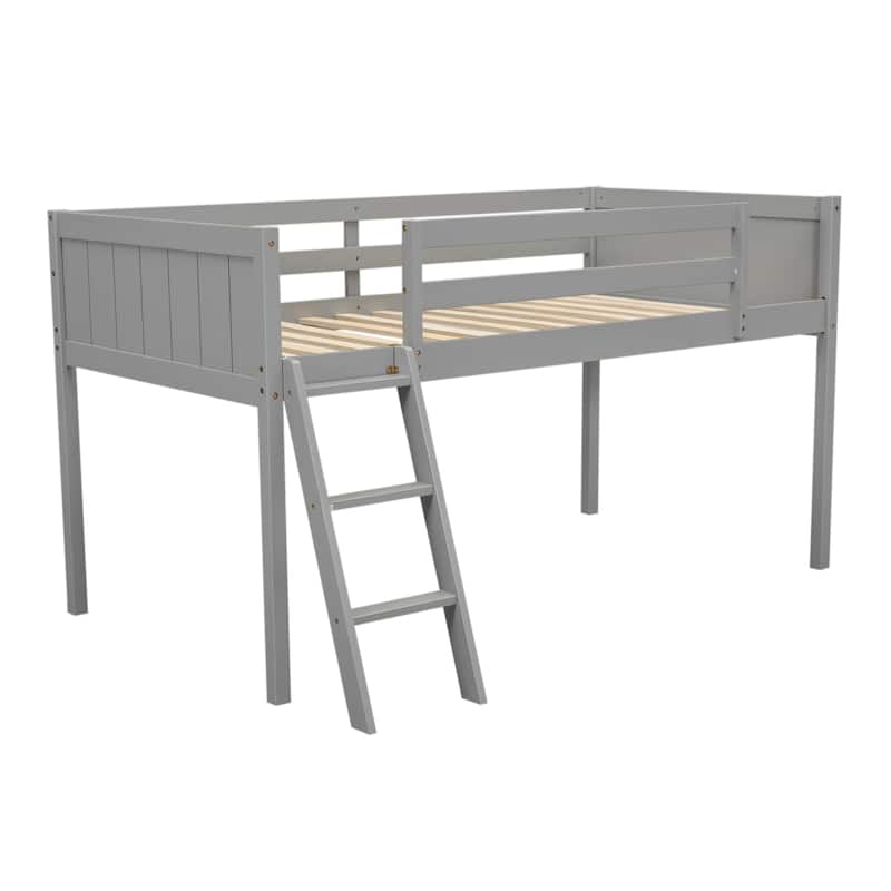 Twin Size Loft Bed with Ladder, Pine Wood Frame, Convertible Ladder Placement, Guardrails, and No Box Spring Required