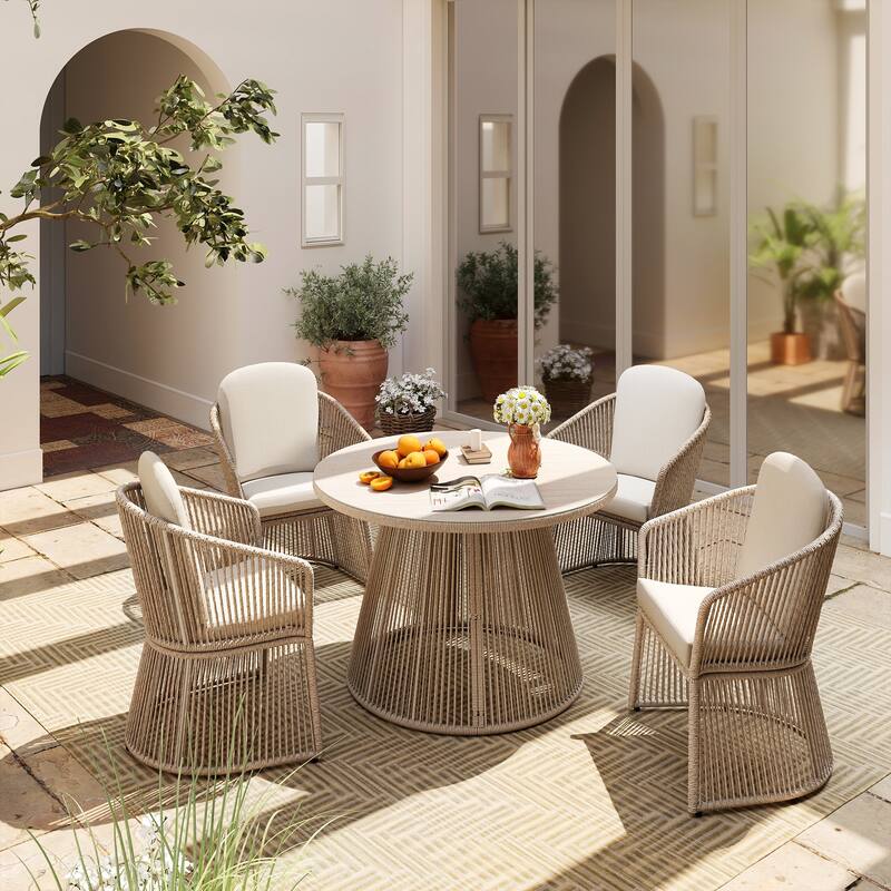 5 Pieces Outdoor PE Rattan Patio Dining Set with Round Tempered Glass Table - Dining chair with cushion