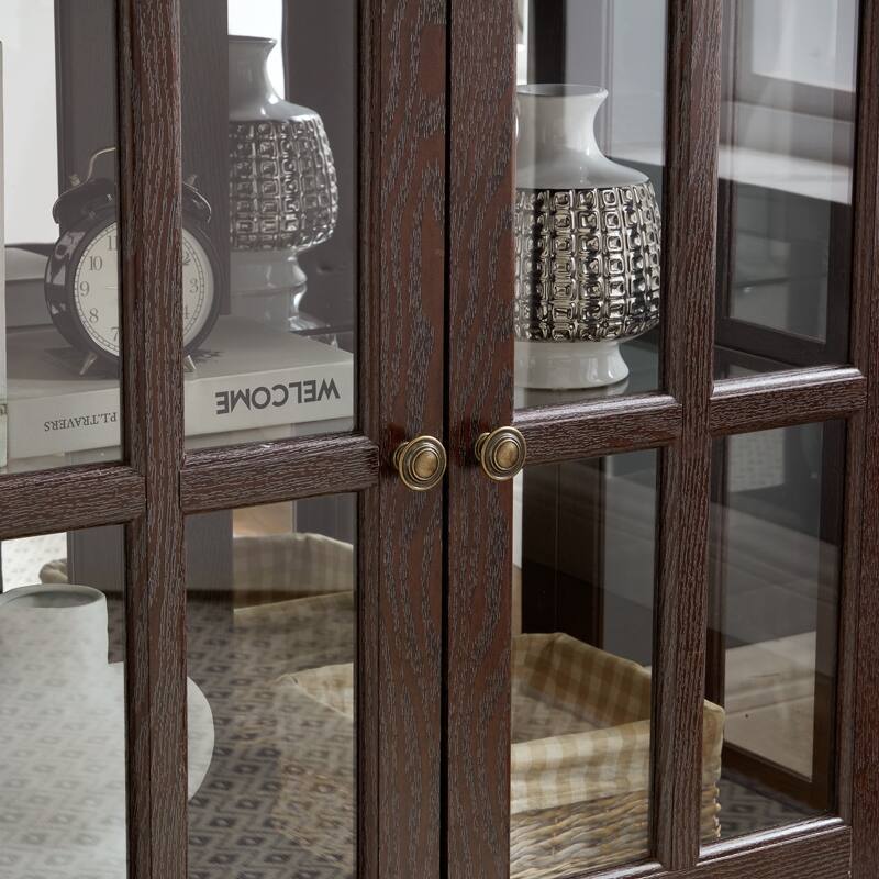 LED Lighted Curio Display Cabinet with Adjustable Shelves, Retro Glass Showcase and Lattice Doors