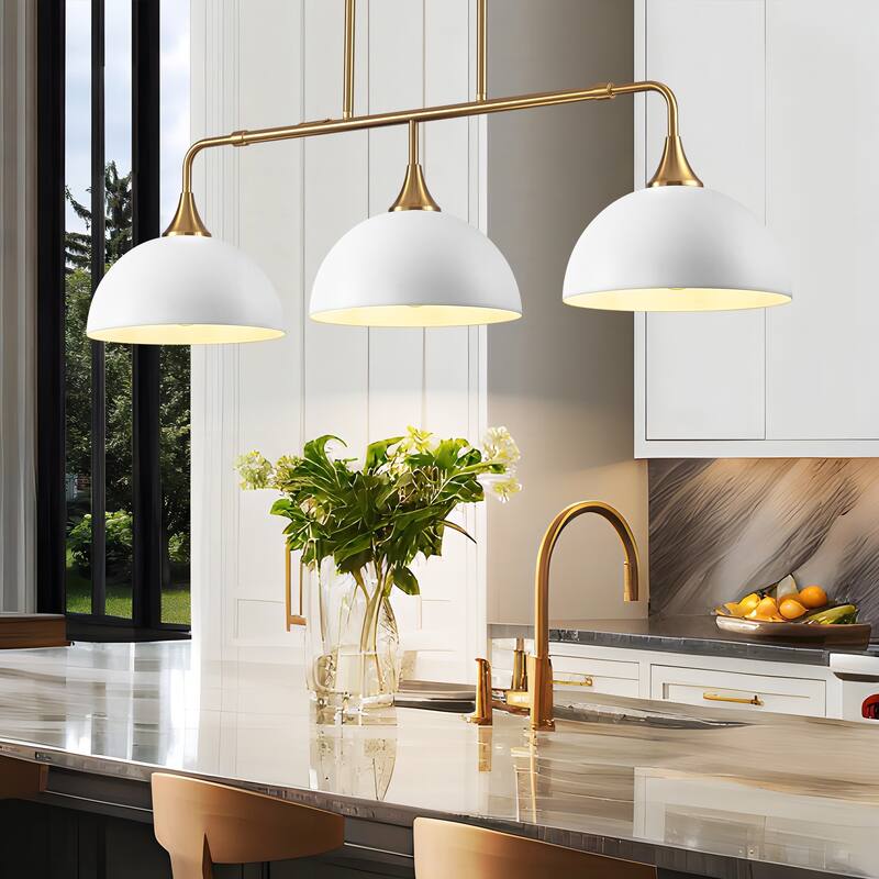 Potlid 3-Light Industrial Gold Linear Dome Pendant Lights for Kitchen Island/Dining Table - White