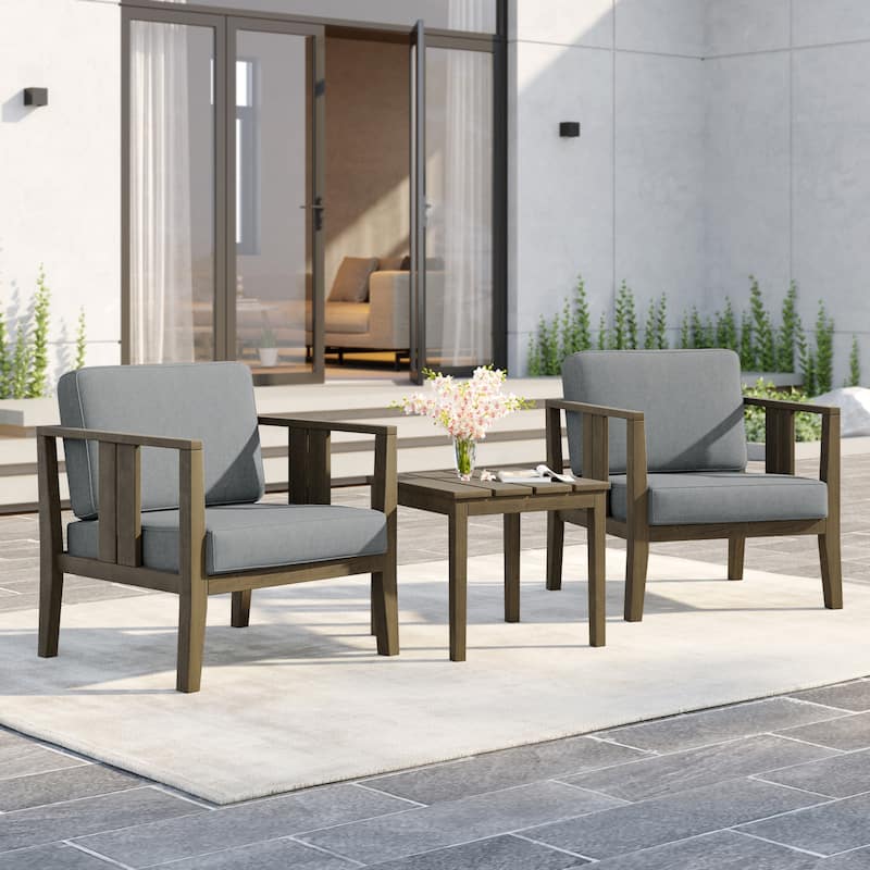 Uixe 3-piece Teak Solid Wood Outdoor Arm Chairs with Side Table Set - Natural frame-Grey
