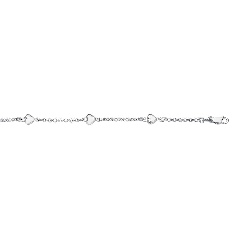 Curata 14k White Gold 10" Rolo Puffed Heart Station Anklet