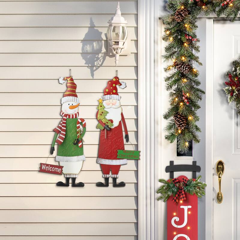 Glitzhome Set of 2 36"H Christmas Metal Snowman Santa or Dancing Elf Yard Stake Standing Hanging Decor