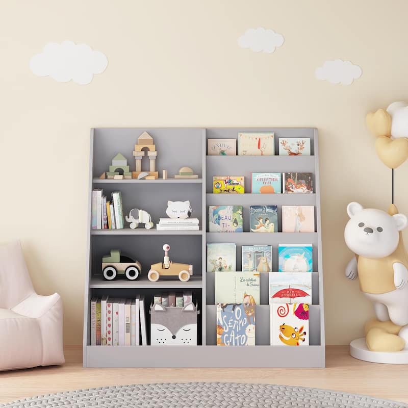 Kids Bookshelf and Toy Storage Organizer, Multifunctional 4 Tier Wooden Kids Book Shelf with Bookcase Display Stand