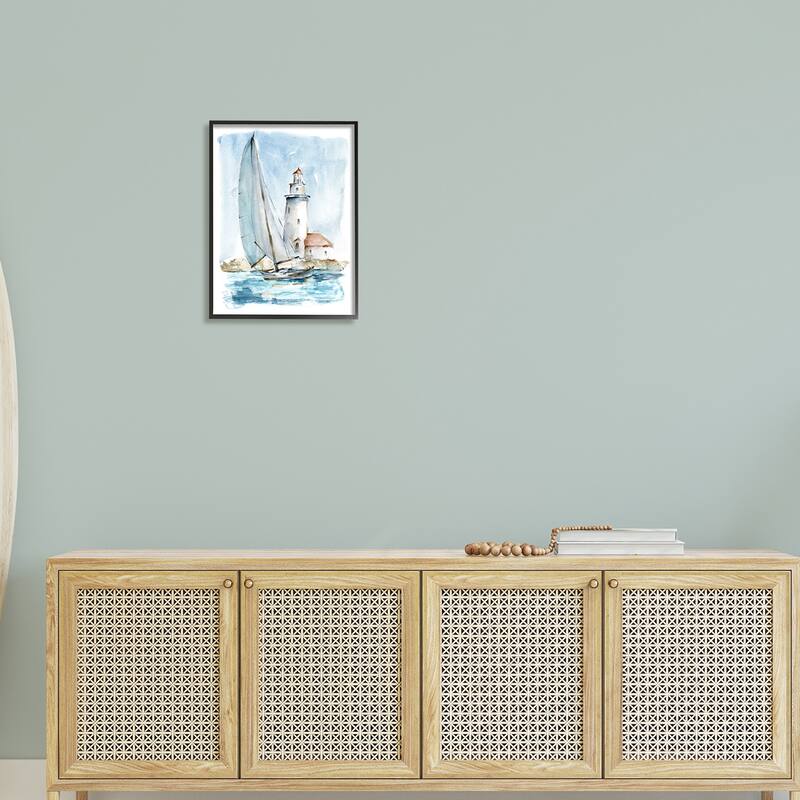 Stupell Lighthouse Tower Beacon Sea Sail Boat Nautical Outdoors Framed Wall Art, Design by Ethan Harper - Blue