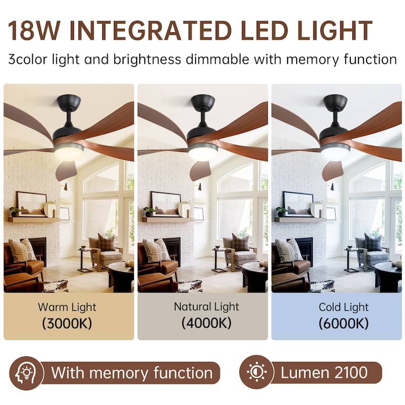45 Inch / 52 Inch White Ceiling Fan with Dimmable LED Light and Remote, 6-Speed Reversible DC Motor, ABS Blades