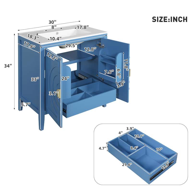 Roomfitters 30 Inch Bathroom Vanity with Sink, Storage Cabinet with 2 Doors, Hidden Drawer and Adjustable Shelf, Blue