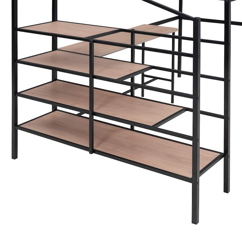 Metal Kids Loft Bed Frame, Under Bed with Desk and Storage Shelves, Lateral Storage Ladder & Slatted Guardrails