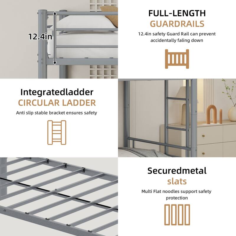 GDFStudio - Heavy-Duty Metal Twin over Twin Bunk Bed with Guardrail