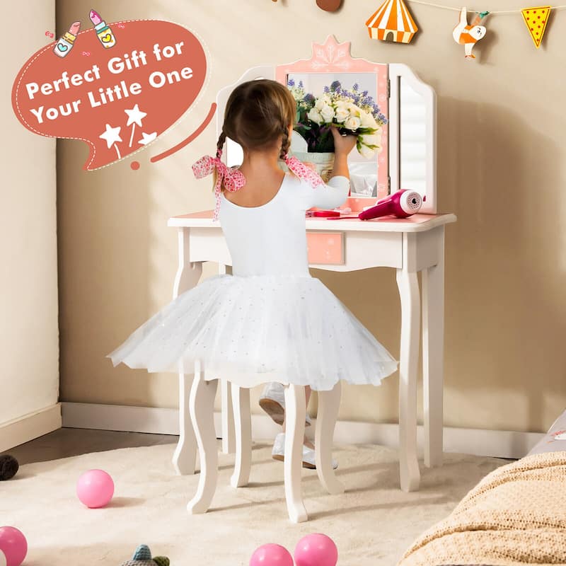 Gymax Kid Vanity Set Wooden Makeup Table Stool Tri-Folding Mirror