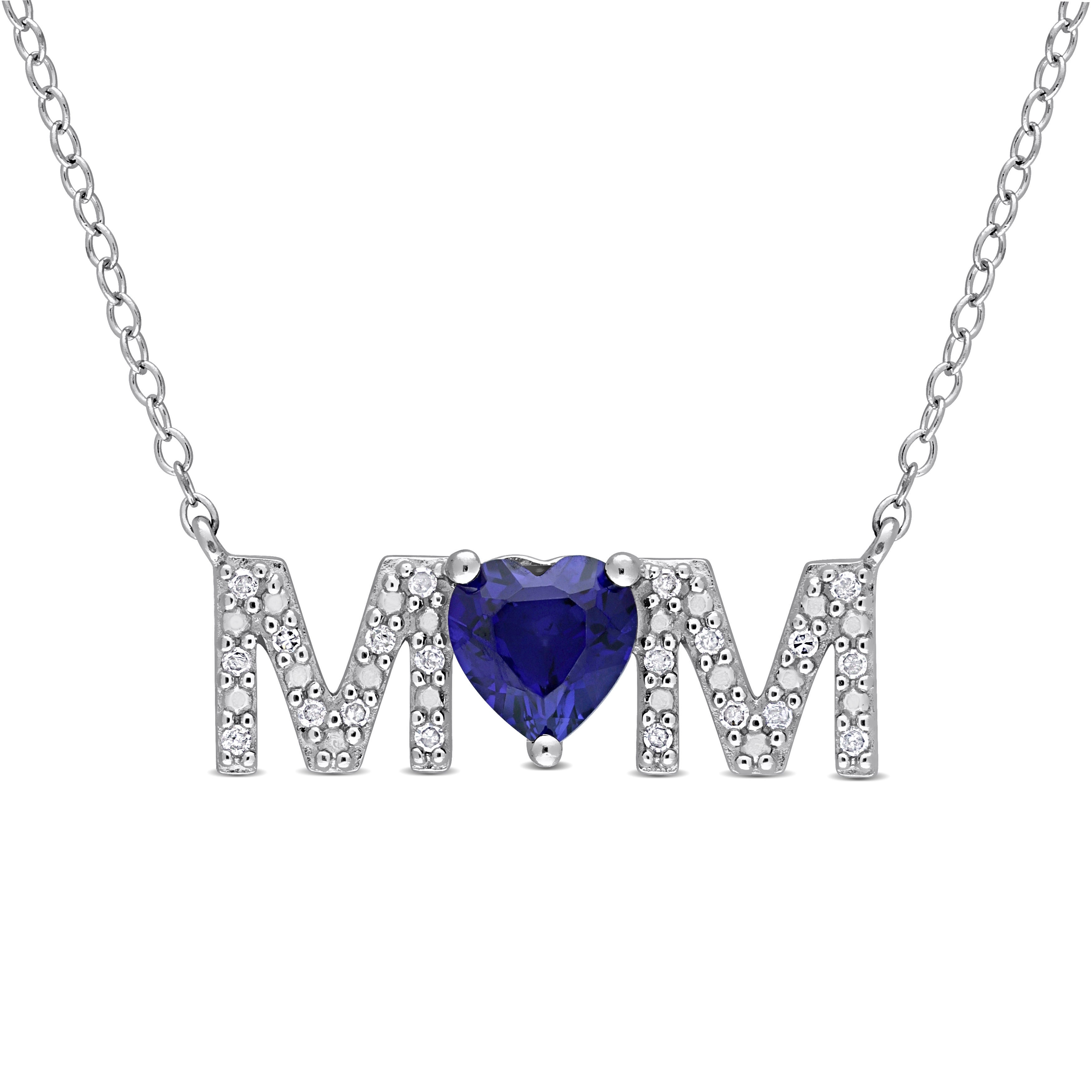 Miadora 7/8 CT TGW Created Blue Sapphire and 1/10 CT TDW Diamond "MOM" Necklace Sterling Silver