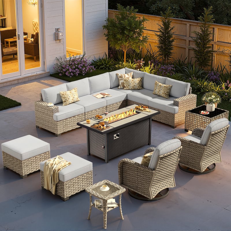 XIZZI 13-Piece Outdoor Wicker Sectional Swivel Chairs Set with Firepit Table - Grey