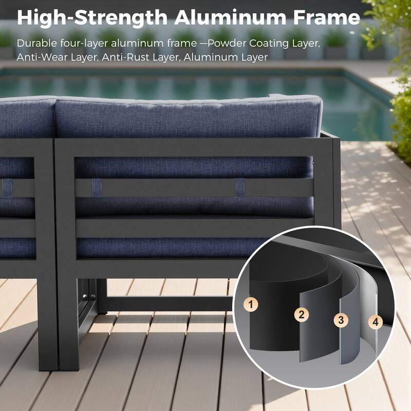 7 Piece Aluminum Patio Furniture Set with Fire Pit Propane/Gas, 29 inch Deep Wide Seat Aluminum Outdoor Sectional