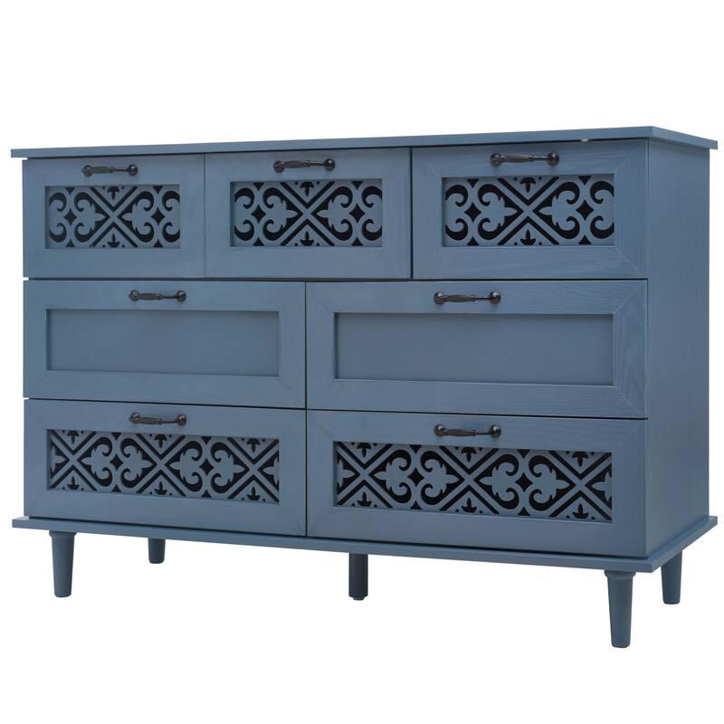 Retro Style 7-Drawer Horizontal Dresser with Carved Drawers Panel and Metal handle for Bedroom, Living Room