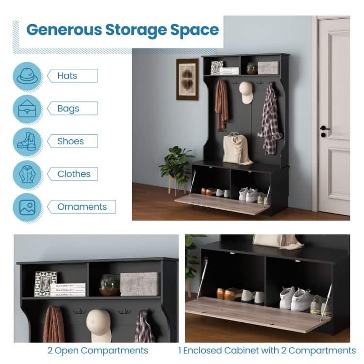 3 in 1 Coat Rack with Entryway Bench and Hooks and Enclosed Cabinet - 39.5" x 16" x 63"