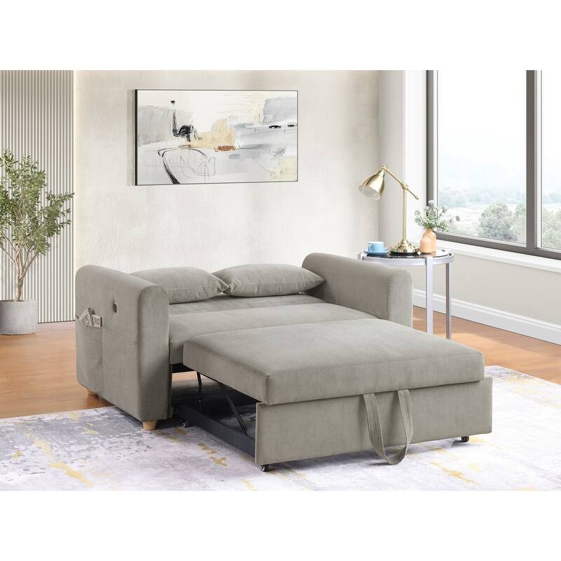 Marielle 55"W Corduroy Convertible Sleeper Loveseat with USB Ports, Magazine Pockets, and Pillows