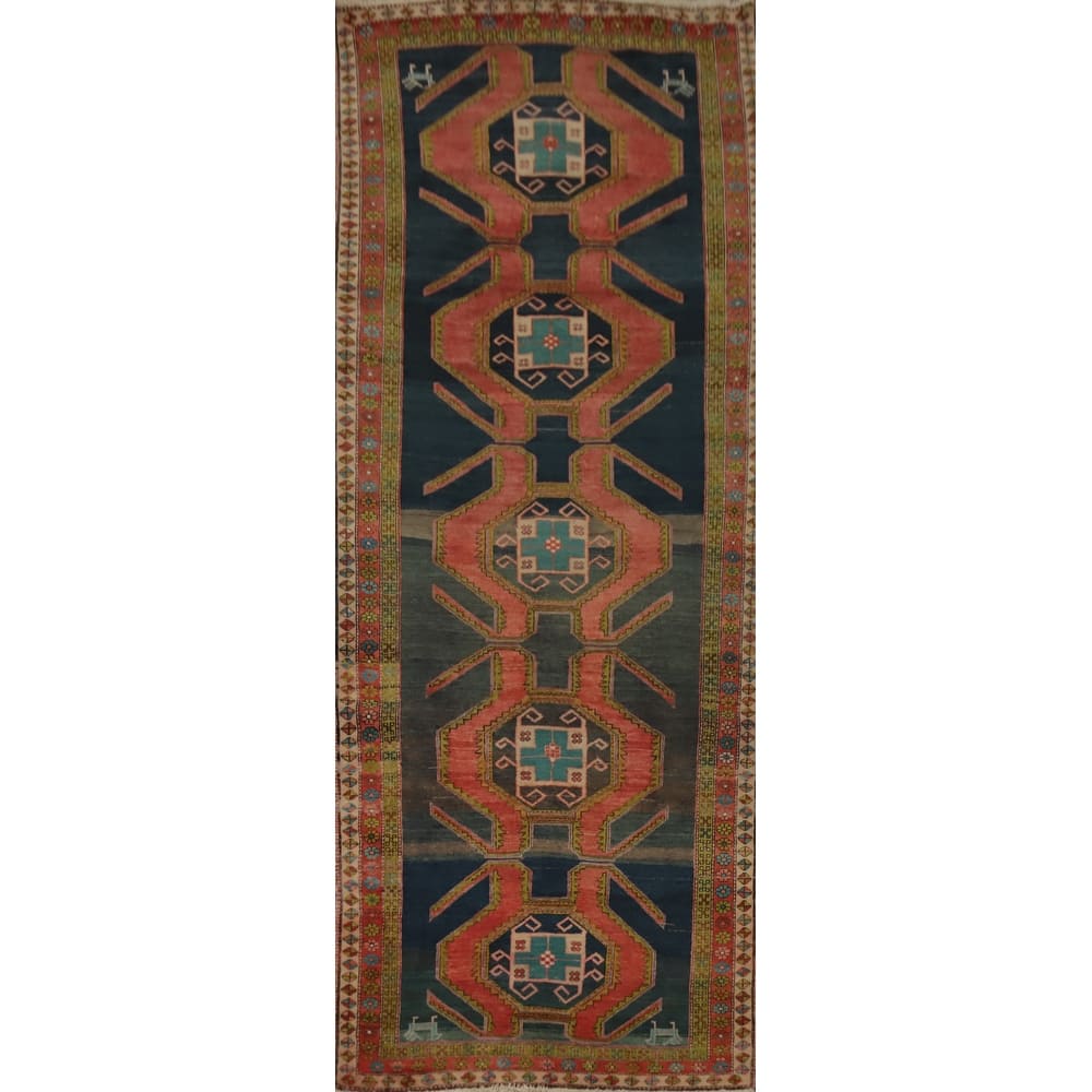 Hand Knotted Oriental 100% Wool Carpet Traditional Tribal Navy Blue & Blues Meshkin Runner Rug - 11' 0'' X 4' 1''
