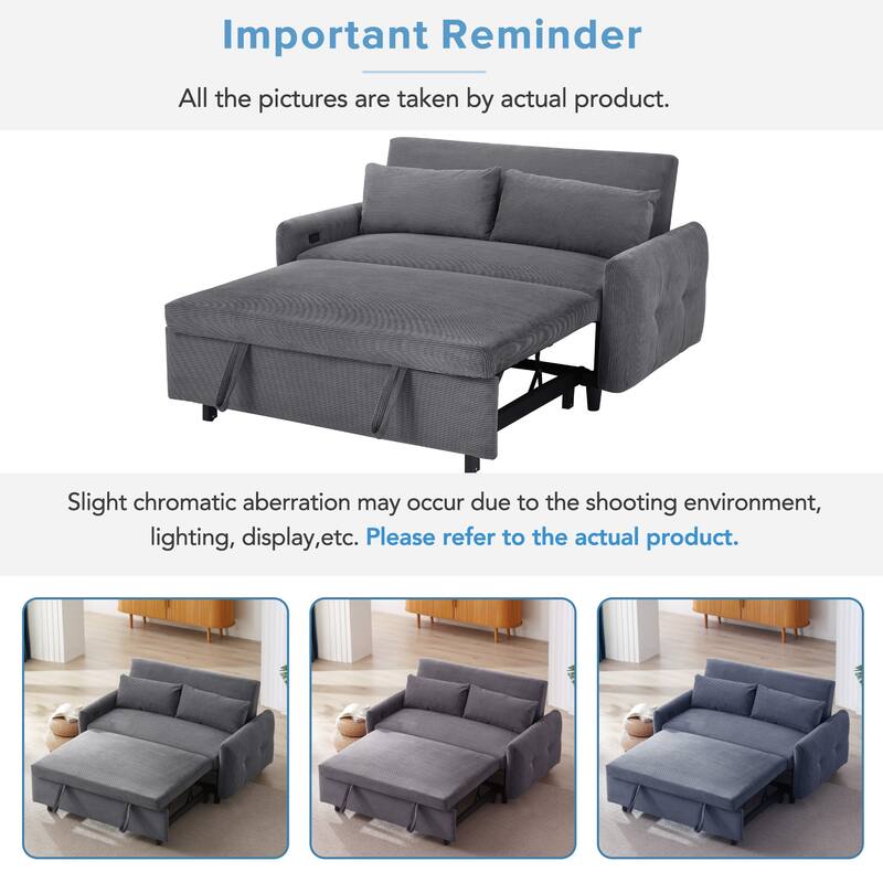 57.48" Corduroy Convertible Sofa Bed with Pull-Out Sleeper, Adjustable Backrest & USB