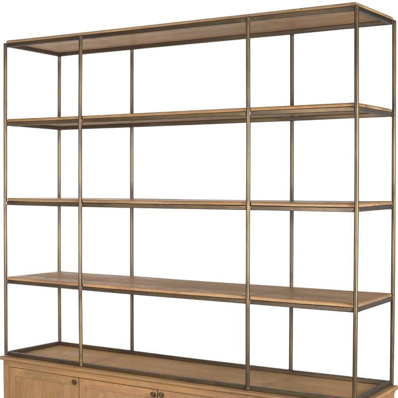 HomeRoots 82" Antiqued Brass And Light Brown Distressed Metal and Solid Wood Three Tier Bookcase with Four Doors