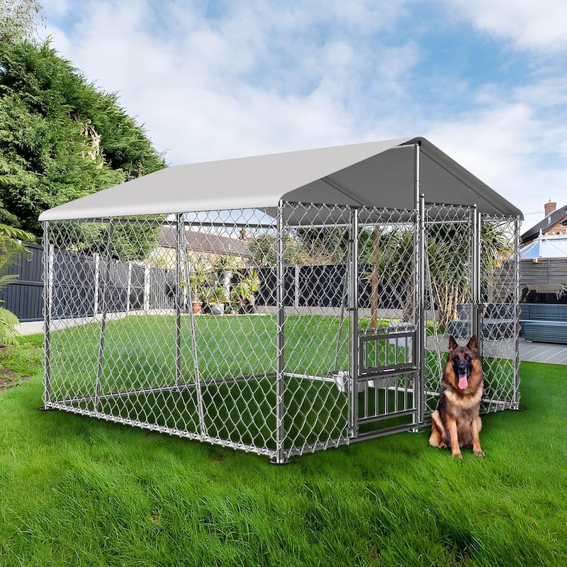 Outdoor Dog Kennel with Roof and Bowls, Large Dog House Pen Enclosure with Sidebar - 7.5×7.5×5.6FT