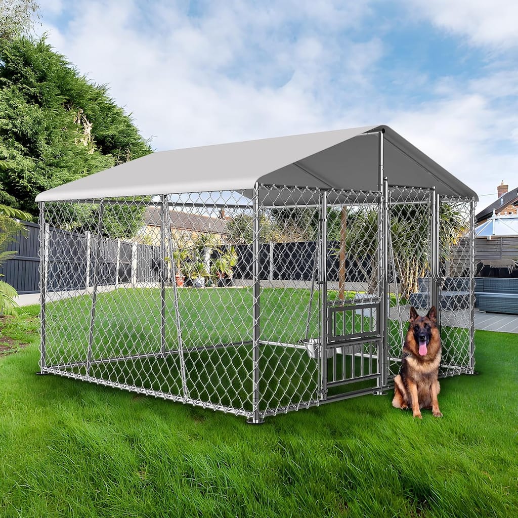 Outdoor Dog Kennel with Roof and Bowls, Large Dog House Pen Enclosure with Sidebar