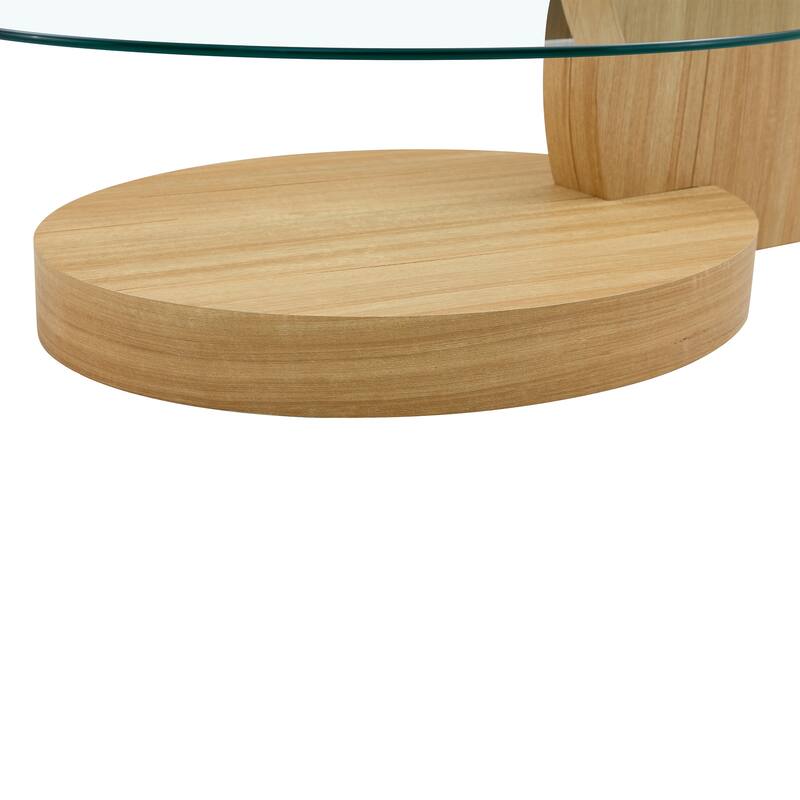 Modern Round Glass Coffee Table w/ Wood Base, 3 Tier Round Coffee Table, Clear Cocktail Table w/ Storage for Home Office