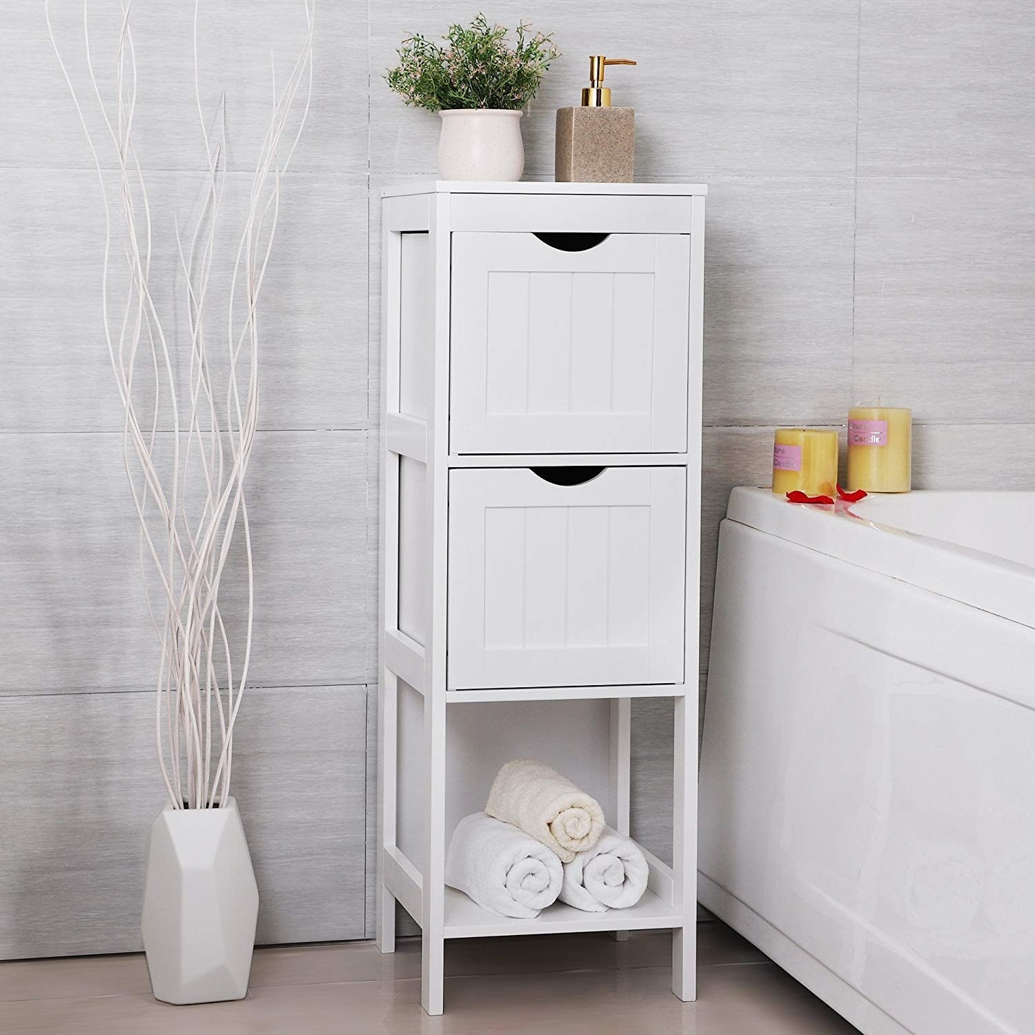 FurnitureR Storage Cabinets Floor Cabinet with Doors and Shelves Metal Organizer Unit Free Standing Collection 2 Tier Printing in White for Bathroom Living Room Home Office 