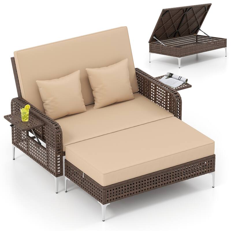 Gymax 2PCS Wicker Loveseat & Storage Ottoman w/ 4-Level Backrest &