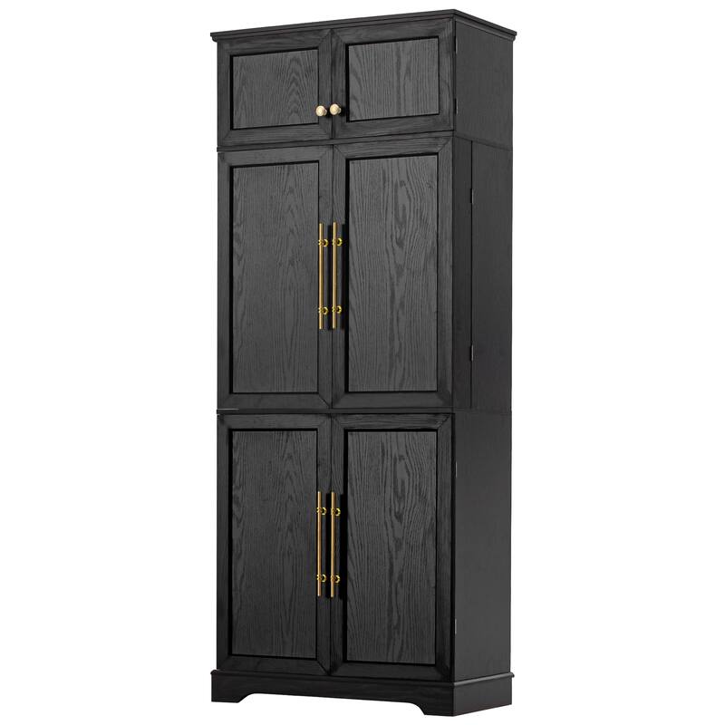 Roomfitters 78" Tall Farmhouse Kitchen Pantry Cabinet with 8 Door Shelves, Wine Rack & Hidden Drawer