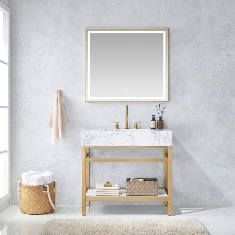 Ecija Bath Vanity, Metal Support with Composite Stone Top and Mirror