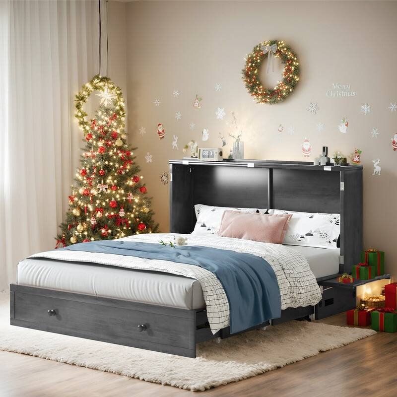 Mixoy Queen Murphy Bed Cabinet with Matress and Built-in Charger