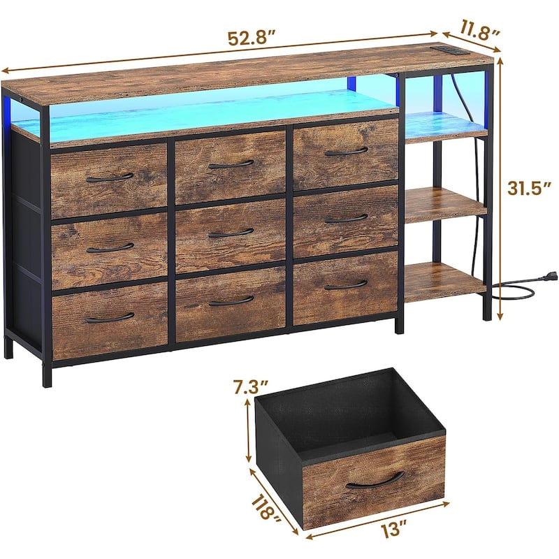 TV Stand Dresser for Bedroom LED Lights Charging Station Fabric Drawers