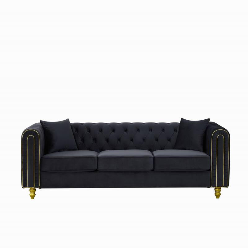 Roomfitters Two 86" Modern Upholstered Tuxedo Chesterfield Sofa Set with Gold Trim, Button Back 2-Piece Couch Set