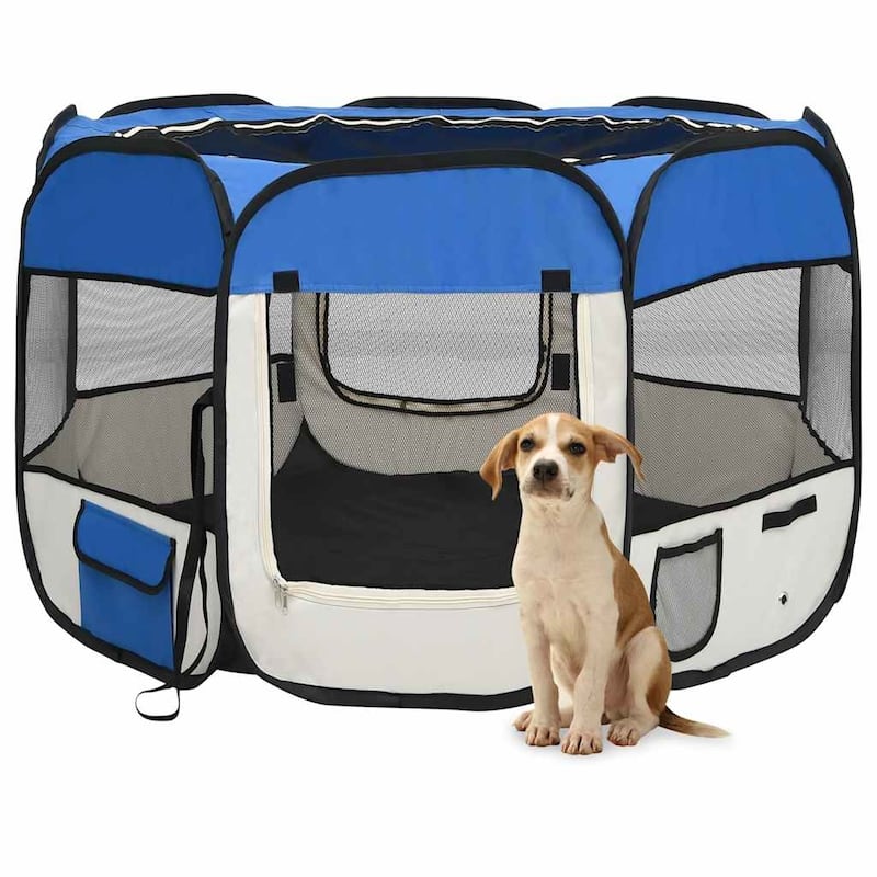 vidaXL Foldable Dog Playpen with Carrying Bag Dog Kennel Puppy Run Playpen - 35.4" x 35.4" x 22.8" - Blue and cream