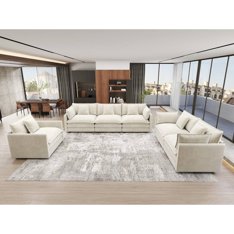 Modern Living Room Set, Upholstered Chenille Sofa with Pillows for Living Room, Chenille - 3pcs-1+2+3-Seat - White