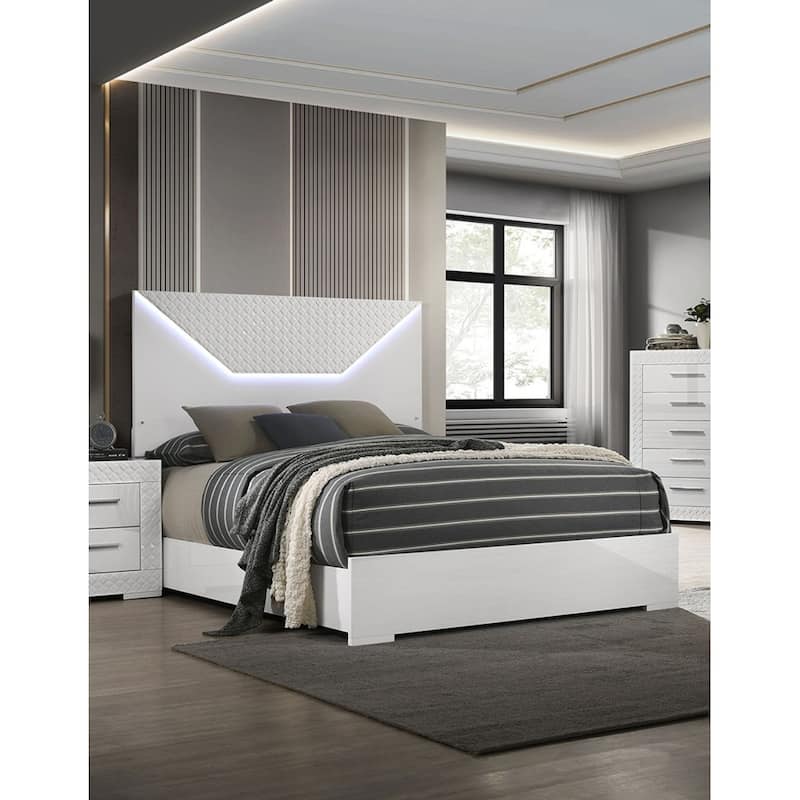 Queen Size Engineered Wood LED Panel Bed with High Gloss Finish and Unique Design Headboard - White