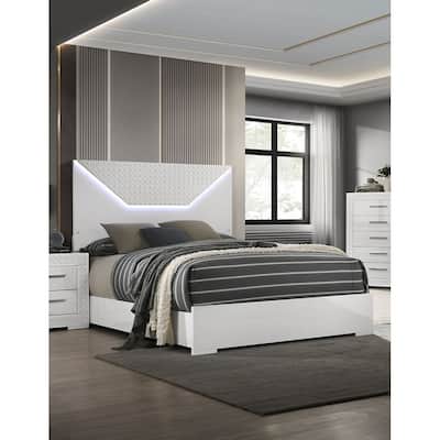 Queen Size Engineered Wood LED Panel Bed with High Gloss Finish and Unique Design Headboard