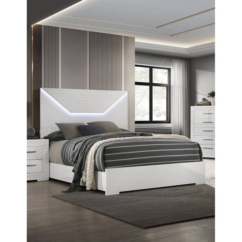Queen Size High Gloss LED Platform Bed Set with 2 Nightstands and 3pc Contemporary Furniture