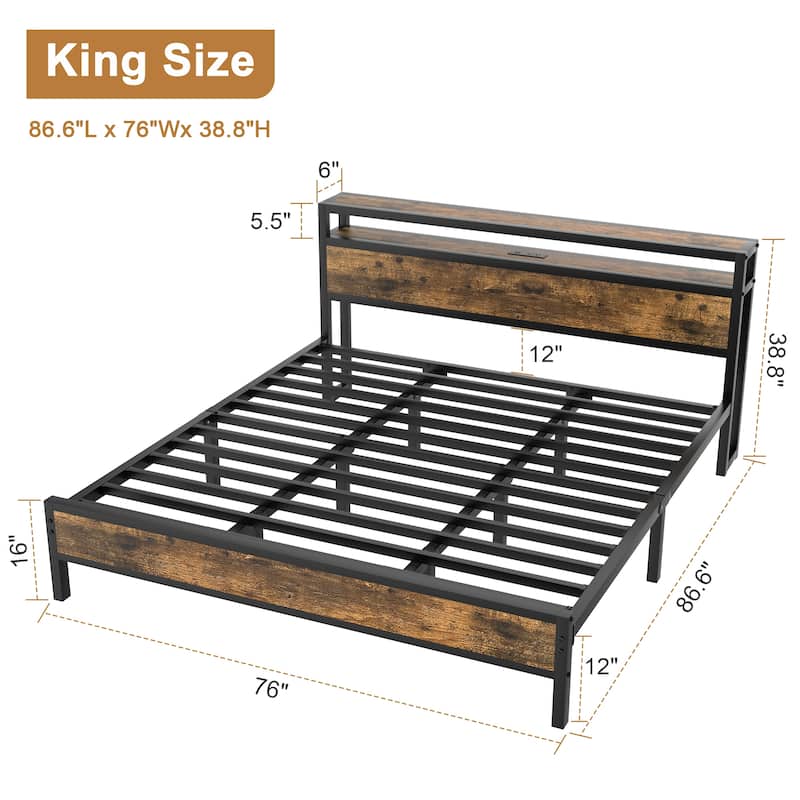 Bed Frame with Charging Station No Box Spring Needed