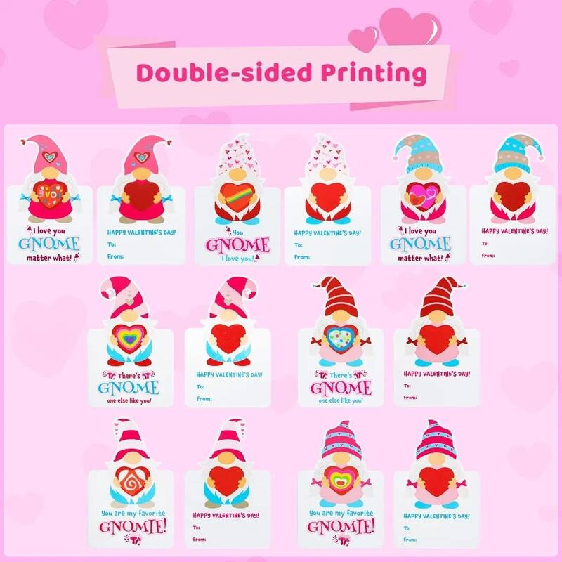 28 Packs Gnomes Heart Kids Valentines Cards with Erasers for Kids' Valentine's Classroom Exchanges and Party Favors. - Multi