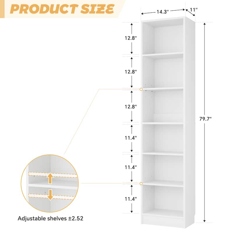 80"H Tall 6-Tier Bookcase With 2 Adjustable Shelves，Modern Open Storage Shelf for Home Office and Bedroom