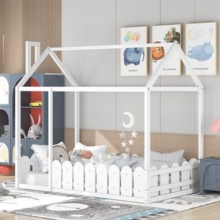 Twin Size Wooden House Bed Frame with Roof and Fence, Sturdy Pinewood Construction for Kids and Teens