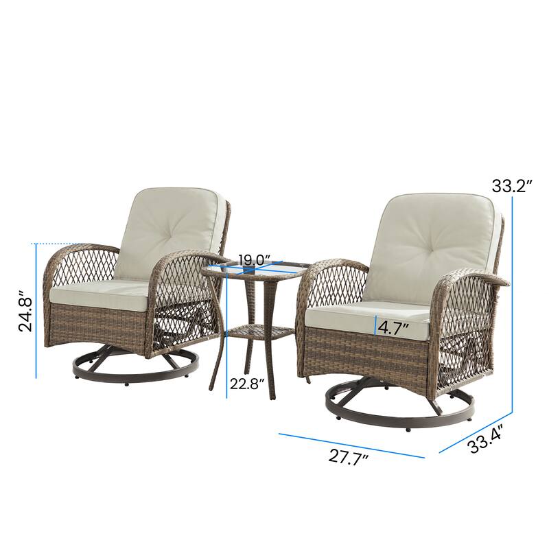 Corvus Helicon 3-Piece Outdoor Wicker Swivel Chat Set with Cushions and Glass Side Table