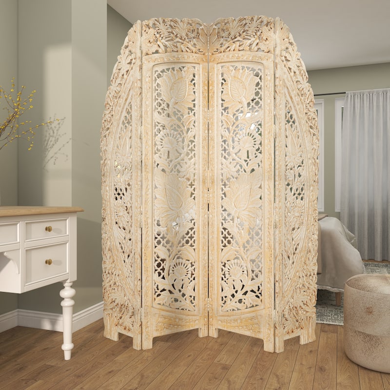 Wood Floral Handmade Foldable Arched 4 Panel Room Divider Screen with Intricately Carved Designs - White - Roche River Decor